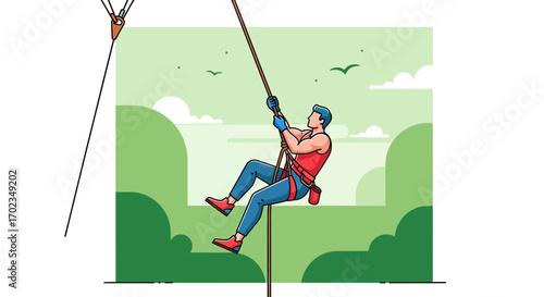 Adventurous Athlete Scaling Rope Against a Verdant Background During A Sunny Day