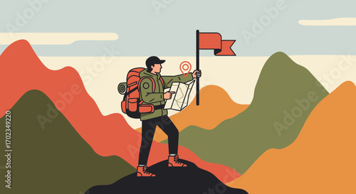Adventurer Reaching Summit Celebrating Success With Flag Amidst A Stunning Landscape