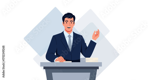 Business Presentation: Confident Professional Man Delivering a Speech From Behind a Podium