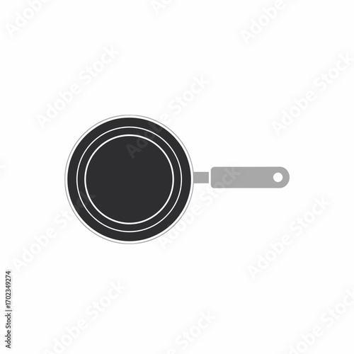 A simple graphic illustration of a dark grey frying pan with a light grey handle, viewed from above.