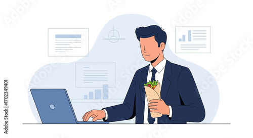 Business Professional Enjoying Lunch Beside His Laptop, Showing Focus and Productivity
