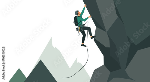 Adventurous Climber Scaling a Stark Cliff Face in a Graphic Illustration Depiction