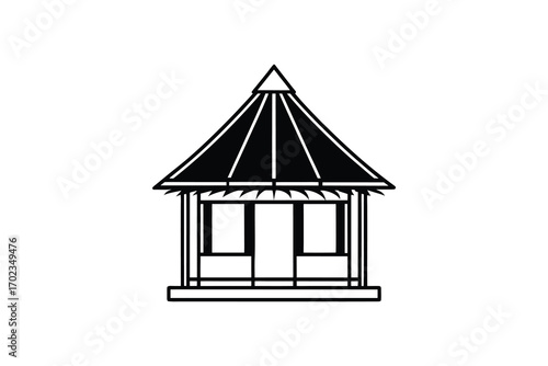 a gazebo with pointed roof and windows silhouette