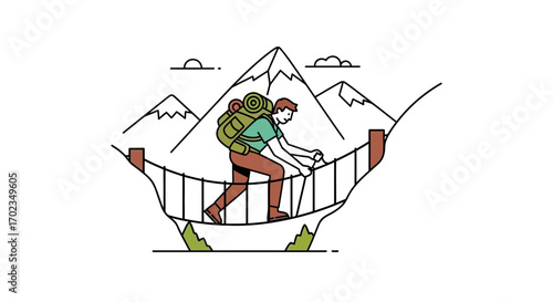 Adventurous Hiker Crossing a Rope Bridge in Front of Majestic Mountain Peaks