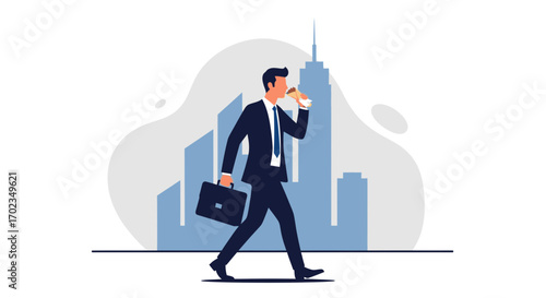 Businessman Consuming Snack While Walking Amidst Metropolis Buildings, Corporate Illustration