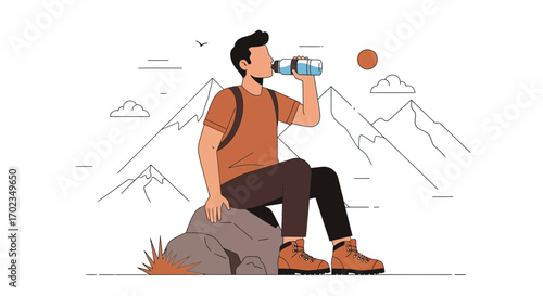 Adventurous Hiker Enjoying Refreshment In Nature While Admiring Mountain Scenery