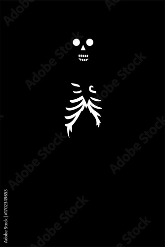 Ribs showing through torn chest from dark silhouette with white background 