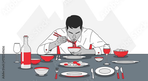 Businessman Eating Noodles, Fine Dining, A Modern Illustration of Dinner Time