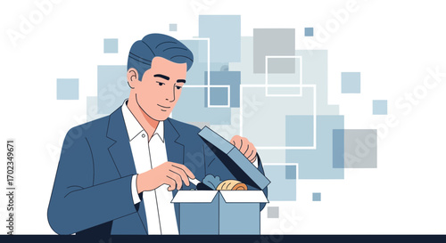 Businessman Inspecting Lunch Box With Focus and Determination Illustrated in Vector Art