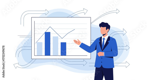 Businessman Presenting Financial Data Analysis With Dynamic Visual Aids And Business Strategy