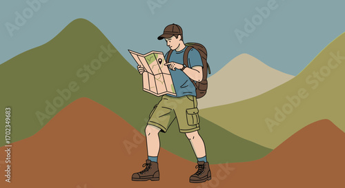 Adventurous Hiker Exploring Mountainous Terrain While Consulting An Illustrated Map