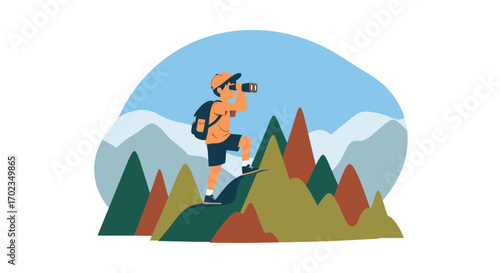 Adventurous Individual Observes Landscape Vista With Binoculars Atop Scenic Mountains