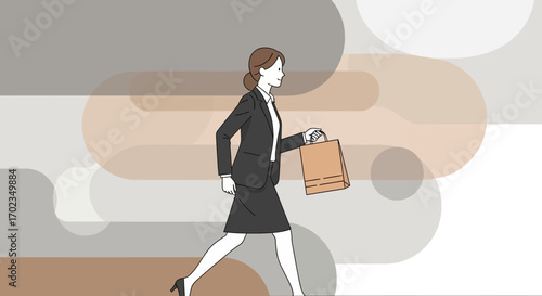 Businesswoman Carrying Paper Bag While Walking Stylishly Against Abstract Geometric Background