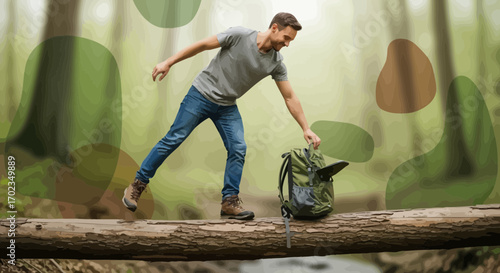 Adventurous Man Balancing On A Log Over Water Reaching For His Backpack.