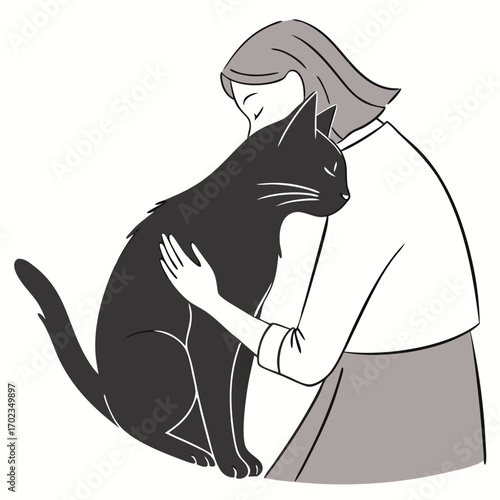 Woman hugging big black cat, simple drawing. Suitable for petrelated designs, animal lover graphics, and cozy lifestyle illustrations.