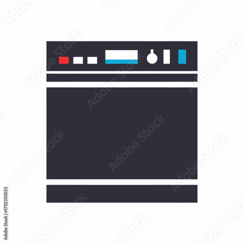 Flat design illustration of a modern dark grey dishwasher with a control panel.