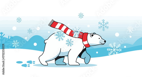 Adventurous Polar Bear Enjoying A Snowy Day, Wearing A Festive Red Scarf For Fun