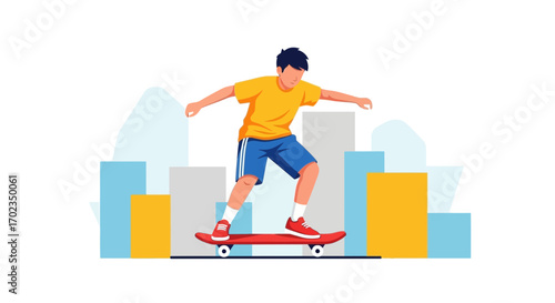 Adventurous Skateboarder Gliding Smoothly Through Urban Park Obstacles or Structures