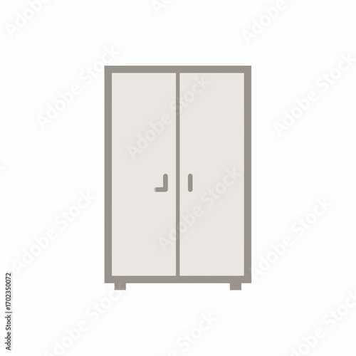 Simple light grey two-door cabinet with handles, standing on a white background, minimalist furniture illustration.