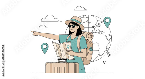 Adventurous Traveler Exploring Destinations, Planning Journey Using Map for Exploration