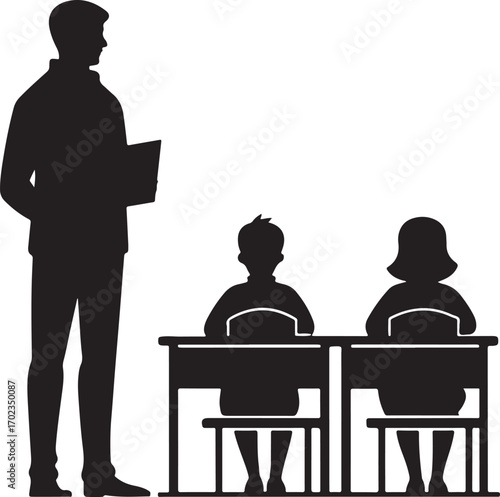 Silhouette of a teacher observing students at desks