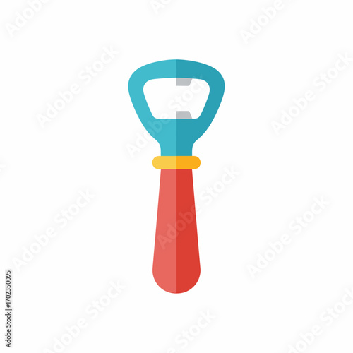 Flat design illustration of a colorful bottle opener with a blue-green head and a red handle on a white background.
