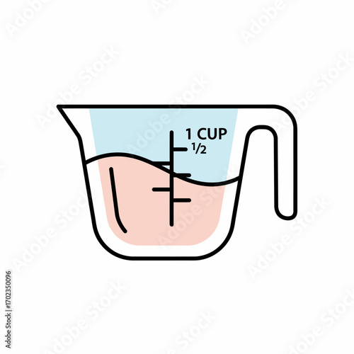 A simple line art illustration of a clear measuring cup with a handle, filled with a light pink liquid, showing measurement markings for 1 cup and 1/2 cup.