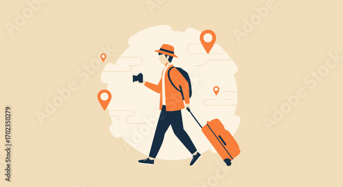 Adventurous Traveler with Camera Exploring Destinations Vector Illustration