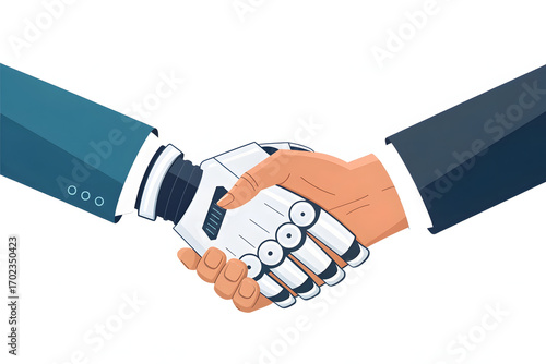 Flat Vector Illustration of Robotic Hand Shaking Human Hand Representing Trust in AI