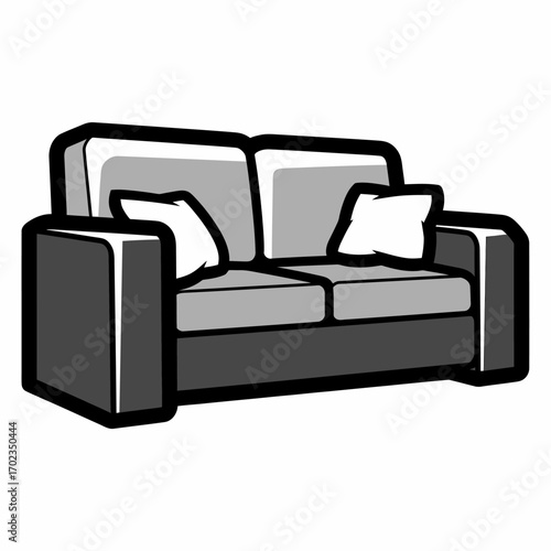Simple cartoon illustration of a two-seater sofa with throw pillows in shades of grey and white.