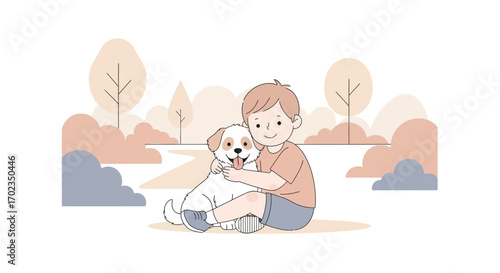 Affectionate Child Embracing a Smiling Dog in a Serene Cartoon Park Setting