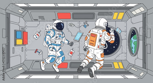 Two Astronauts in a Space Station Illustration, Perfect for Educational Materials, Science Fiction Books, and Space Exploration Awareness Campaigns