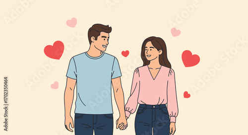 Affectionate Couple Holding Hands Amidst Heart Emblems: A Romantic Connection Illustrated