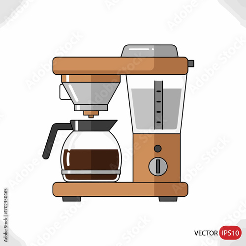 A flat design illustration of a modern automatic drip coffee maker with a glass carafe filled with freshly brewed coffee, ready to serve.