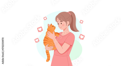 Affectionate Human Bonds with a Smiling Orange Tabby Amidst Love Symbolism