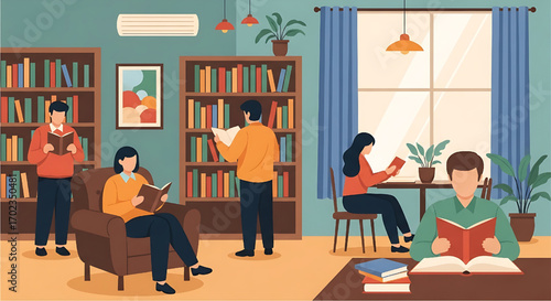 Library interior with people reading books, bookshelves, window, and plants illustration