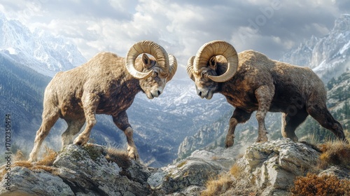 Two majestic bighorn sheep locked in a fierce standoff atop a rugged mountain peak,  amidst a dramatic sky.  Their impressive horns are a testament to their strength and power
