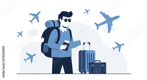 Air Traveler Standing Ready With Luggage And Documents Preparing For Departure On Airplane Trip