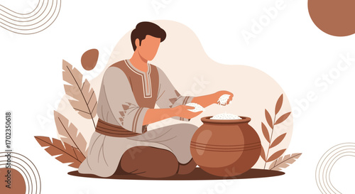 Agricultural Worker Preparing Rice, Food Preparation, and Cultural Rice Craftsmanship Illustration