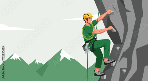 Ambitious Climber Ascending The Rocky Face Of Mountainous Terrain Vector Creation