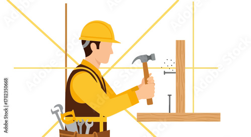 Carpenter Using A Hammer To Drive Nails Into Wood For Construction Projects