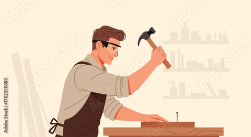 Carpenter Hammering a Nail, Craftsperson at Work, Woodworking and Building Project