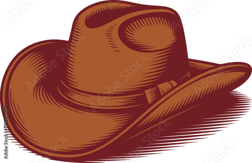 A vintage, classic brown cowboy hat with a textured brim and band, rendered in a woodcut style illustration