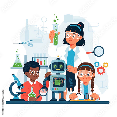 Kids in Science Lab with Robot Experimenting Chemistry and Technology