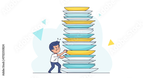 Cartoon Illustration of A Man Balancing Plates Representing Overwhelming Tasks and Stress