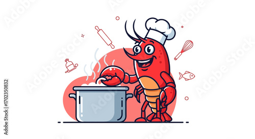 Cartoon Lobster Joyfully Cooking in the Kitchen Preparing Delicious Seafood Cuisine Meal