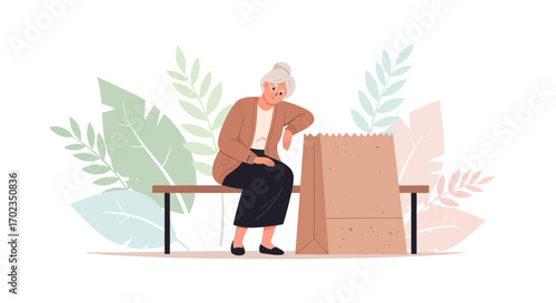 An Elderly Woman Is Sitting Beside a Large Paper Bag with a Natural Background