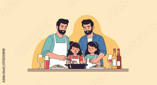 Joyful Family Cooking Illustration, Perfect for Promoting Family Time, Cooking Blogs, Recipe Books, and Educational Materials on Healthy Eating Habits