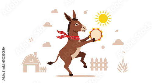 Animated Donkey Playing Tambourine Under The Sunny Sky In A Rural Environment