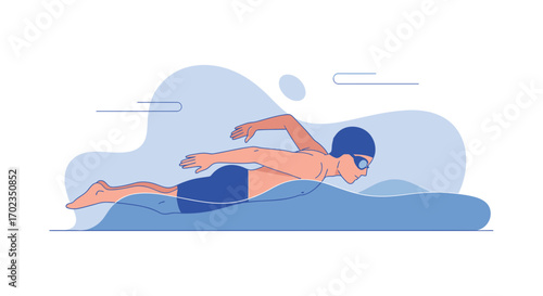 An Illustrated Swimmer Gliding Through Water With Stylish Artful Strokes Beautifully Composed